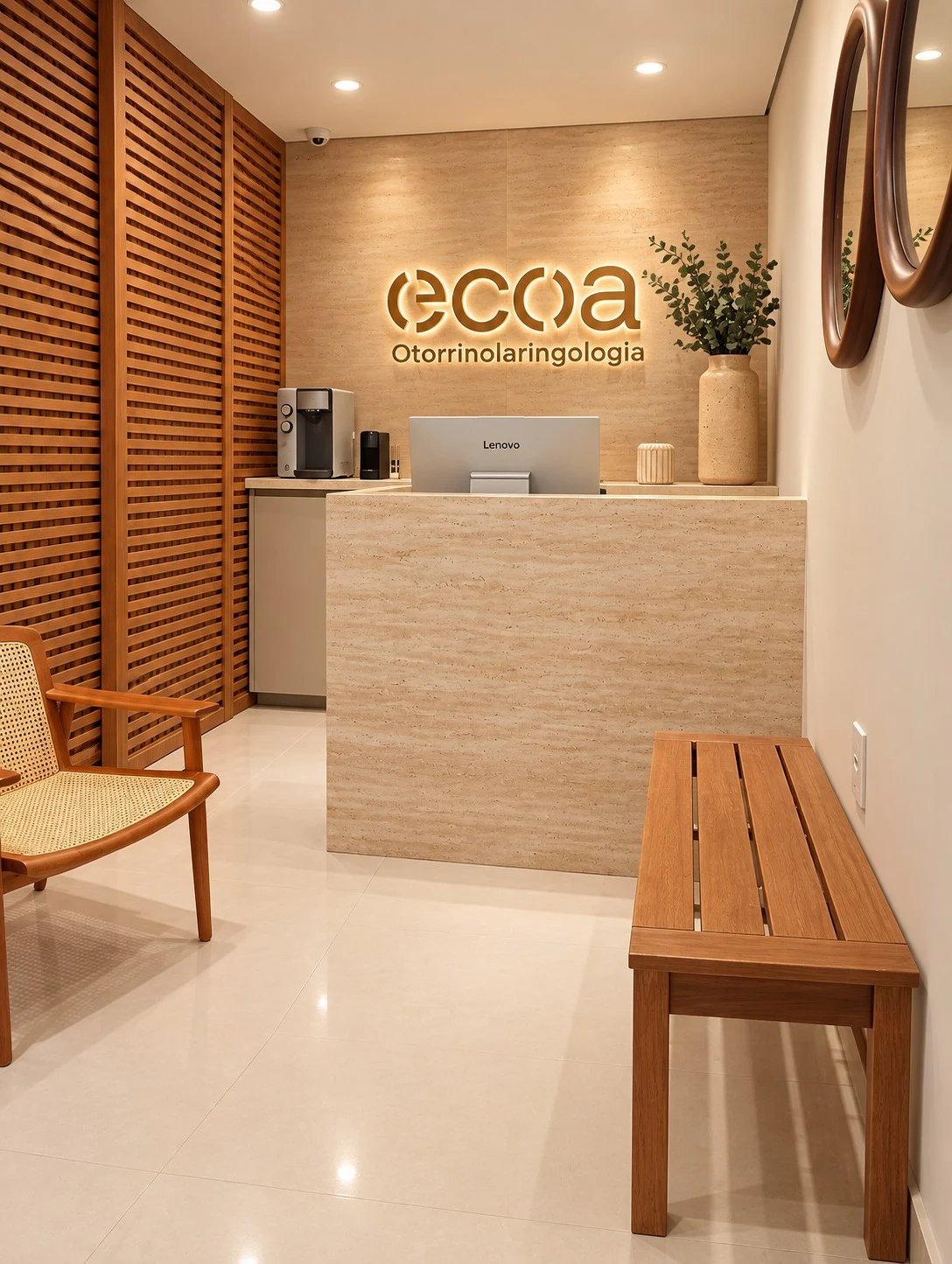 Recepção da ECOA Otorrinolaringologia com o nome da clínica iluminado ao fundo